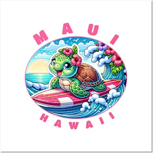 Maui Hawaii Girls Cute Surfing Sea Turtle Posters and Art